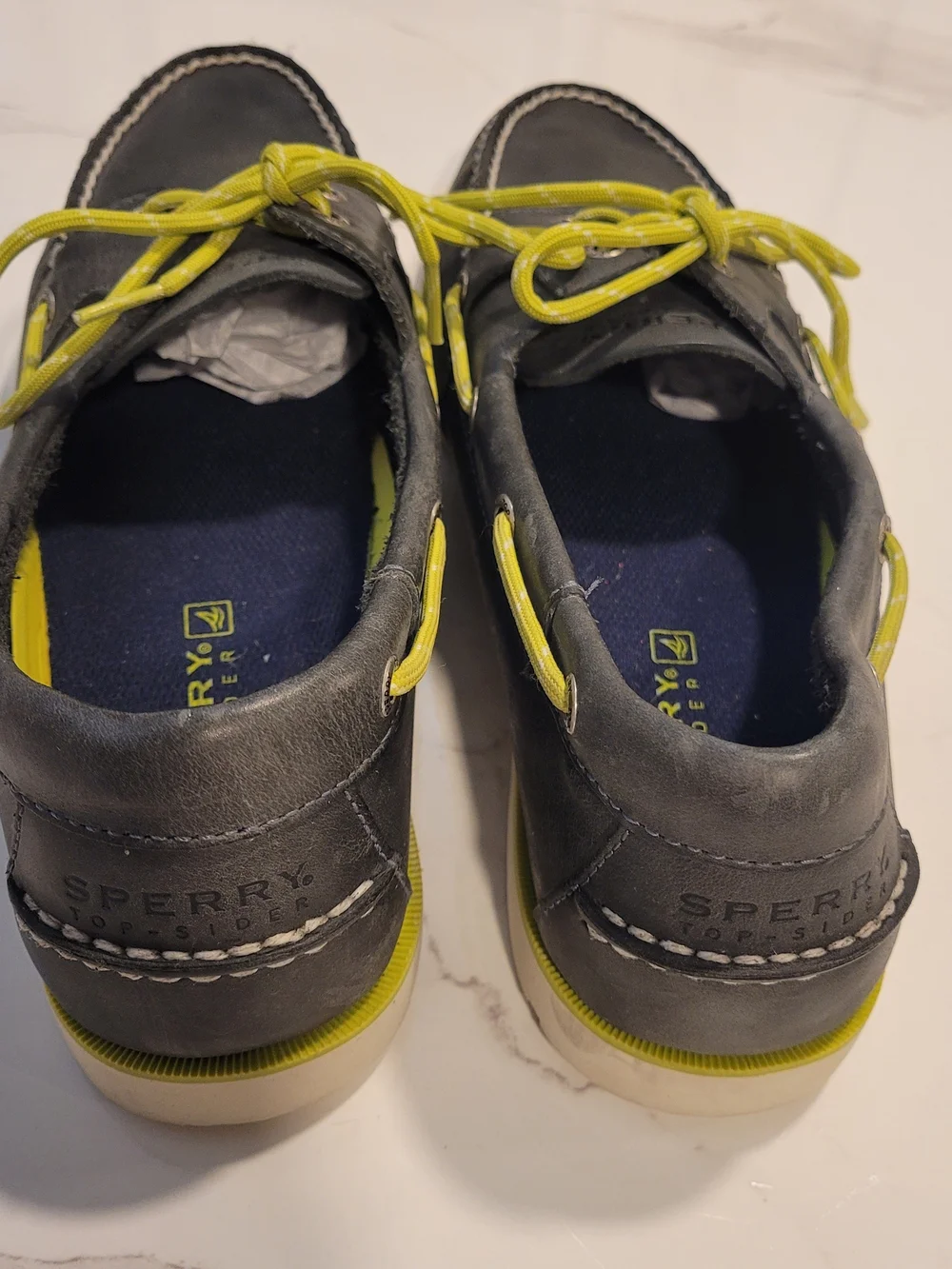Sperry Gray Boat Shoes with Neon Lime Green Trim